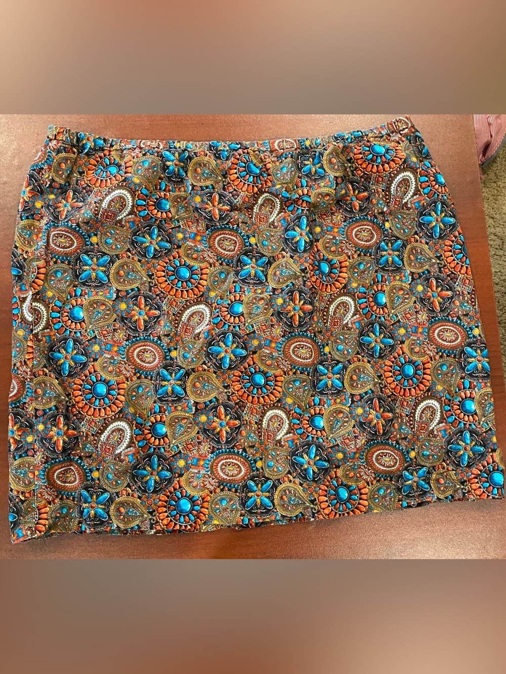 Embellished Turquoise & Orange Beaded Print Skirt
